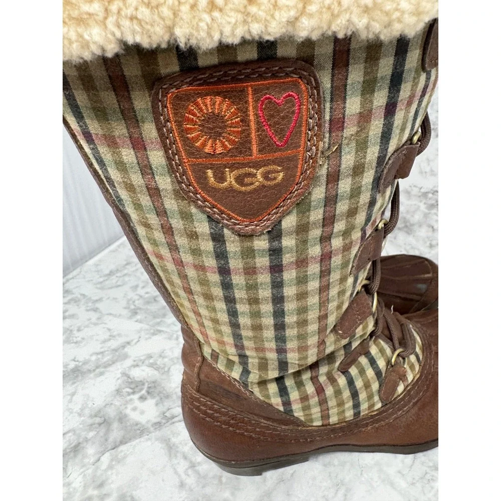 UGG Australia Adirondack Tall Plaid Snow Boots Brown Leather Sheepskin   10